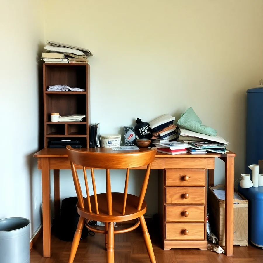 A well-loved wooden desk and chair ready for a new home