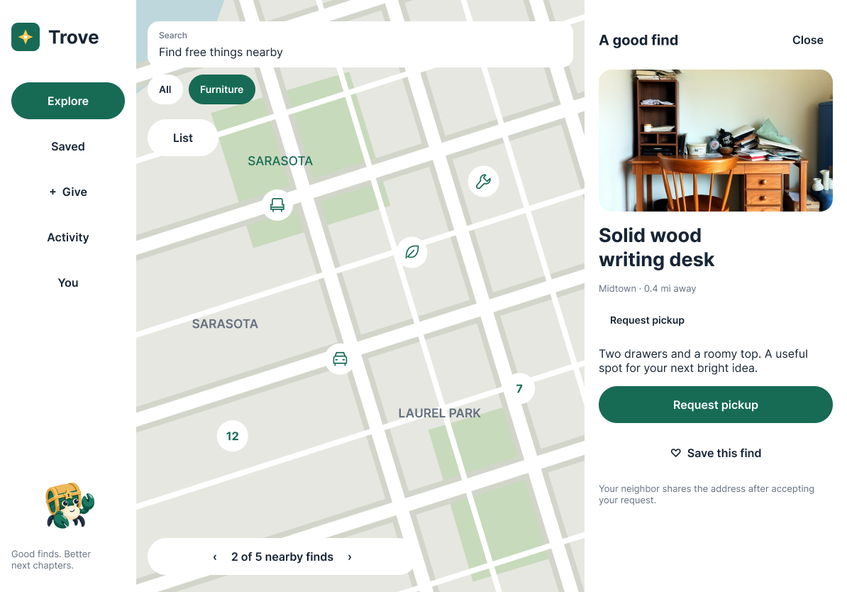 Trove iPad app with a map and listing details side by side